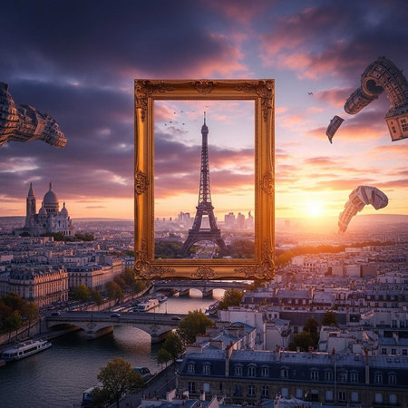 Aerial view of Paris at sunset with the Eiffel Tower in a golden frame, surrounded by flying kites and cityscape.の写真素材