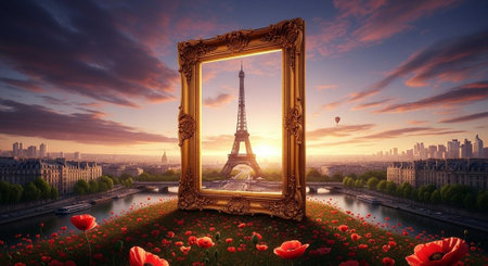 Ornate golden frame showcasing the Eiffel Tower at sunset, surrounded by red flowers and a cityscape.の写真素材