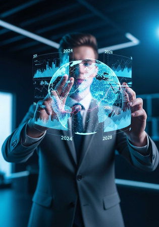 A businessman in a suit interacts with holographic screens displaying graphs and data projections.の写真素材