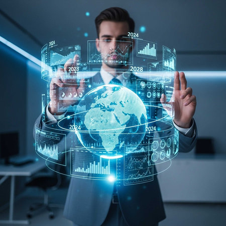 A professional in a suit manipulating holographic screens displaying global data, charts, and graphs in a modern office setting.の写真素材