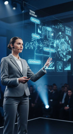 Professional woman in suit presenting on a large digital screen with tech graphics and audience in background.の写真素材