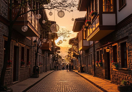 A charming cobblestone street lined with traditional buildings, adorned with hanging lanterns and potted plants at sunset.の写真素材