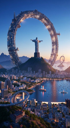 A large Ferris wheel dominates the skyline above Christ the Redeemer statue and Rio de Janeiro cityscape at sunset.の写真素材