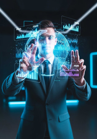 A man in a suit manipulating virtual bar graphs and line charts in a futuristic setting.の写真素材