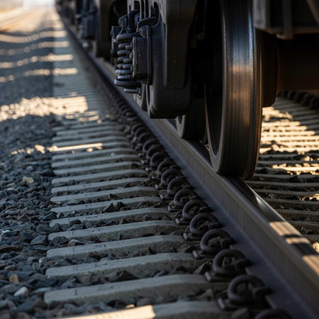 Railway tracks closeup. Railway transportation background. Railway track with rail carsの写真素材