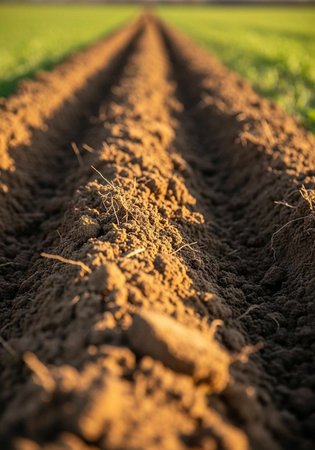 A close-up view of freshly plowed soil in a field ready for planting