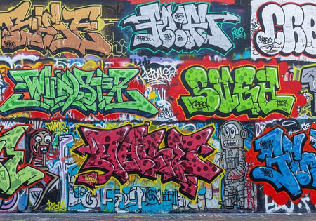 A vibrant and colorful graffiti wall with various artistic designs and patterns