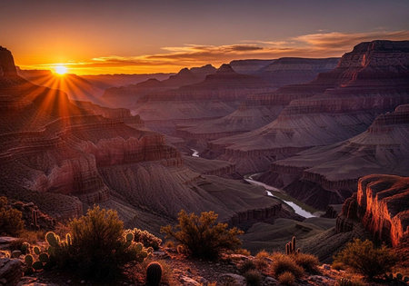 A serene desert landscape with a majestic canyon at sunset, showcasing vibrant red rock formations...