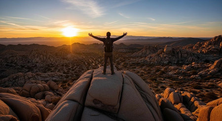 A man stands on a rocky outcropping with arms outstretched during a breathtaking desert sunset