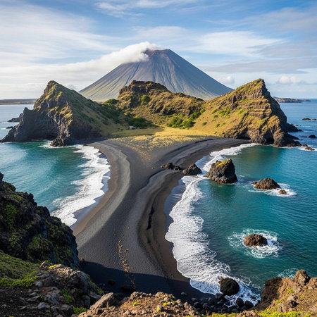 A serene landscape of a volcanic mountain overlooking a rocky coastline with a sandy beach