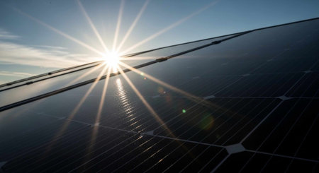 A solar panel array soaking up the sun's rays on a clear blue day