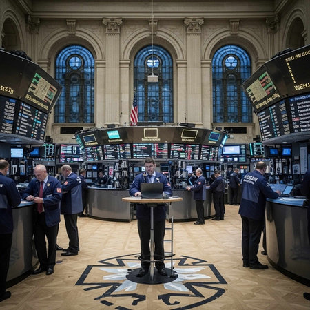 A group of businessmen working in a large stock exchange trading floor with multiple screens and...