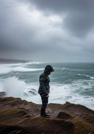 A young man standing on the edge of a cliff and looking at the oceanの写真素材