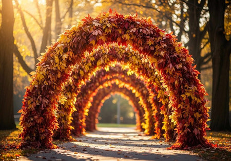 Beautiful archway in the autumn park with colorful autumn leaves.の写真素材
