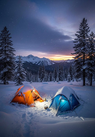 Camping in the mountains in the winter under the starry skyの写真素材
