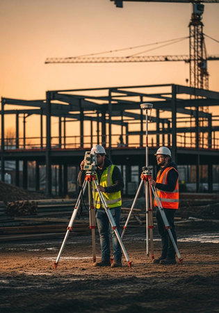 Surveyor or engineer working with theodolite at construction siteの写真素材