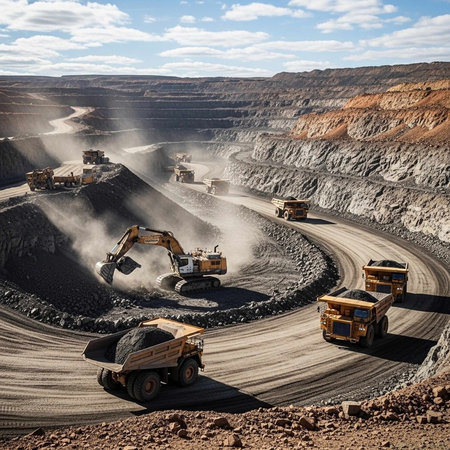 Coal mining in an open pit with excavators and dump trucksの写真素材