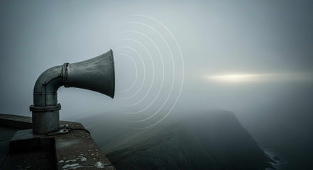 A metal horn sits atop a mountain peak on a foggy day with sound waves emanating from it
