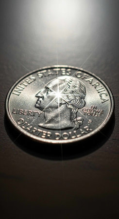 A close-up view of a United States quarter dollar coin on a dark surface with a bright light shining...