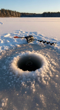 Winter fishing on the ice of a frozen lake. Winter fishing.