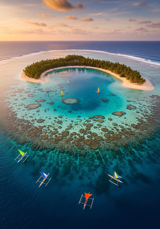 Tropical island at Maldives at sunrise. Aerial view.
