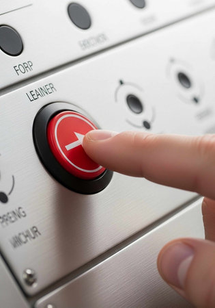 A finger pressing a red button on a control panel with various buttons and settings.の写真素材