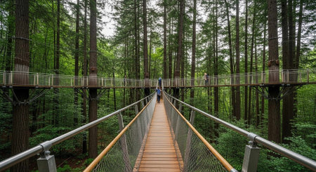 A serene forest with a suspension bridge and people walking through the treesの写真素材
