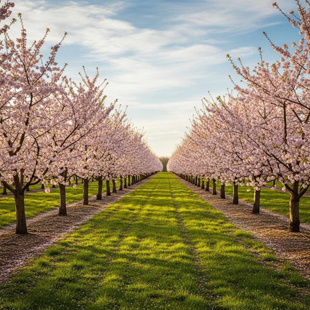 A serene orchard with rows of blooming trees on a sunny day with blue sky
