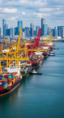 A bustling harbor with cargo ships and cranes in front of a city skyline under a cloudy sky
