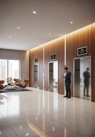 A man in a suit stands in a modern office lobby with elevators and chairs