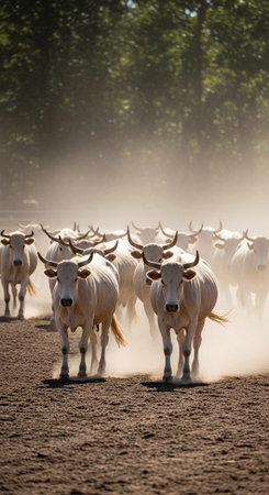 A herd of white cows running through a dusty field towards the camera on a sunny day