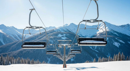 A ski lift stands still on a snowy mountain slope with a breathtaking view of snow-capped mountains...