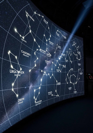 A large screen displaying a star map with constellations and a beam of light shining on it