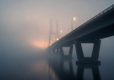 A bridge stretches across a body of water on a foggy day with streetlights illuminating the way