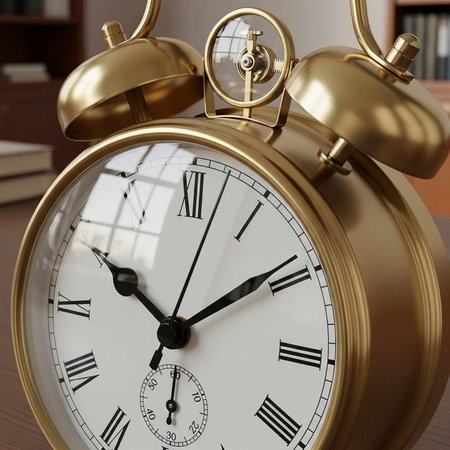 A close-up of a gold alarm clock sitting on a wooden desk in a cozy room