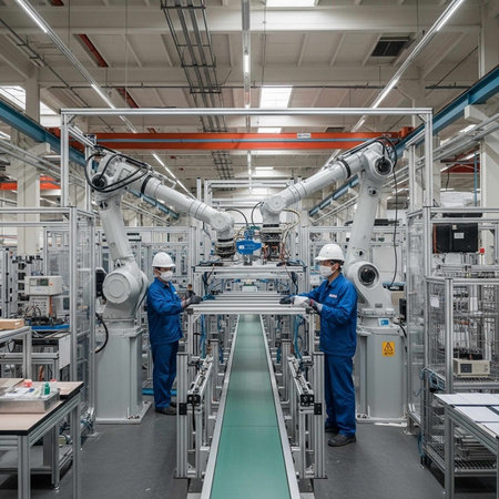 Two workers in blue uniforms and white hard hats standing in a modern industrial factory with...