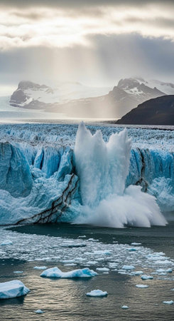 A breathtaking glacier calving into a serene body of water with majestic mountains in the background