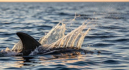 A shark fin breaks the surface of the ocean water with a splashの写真素材