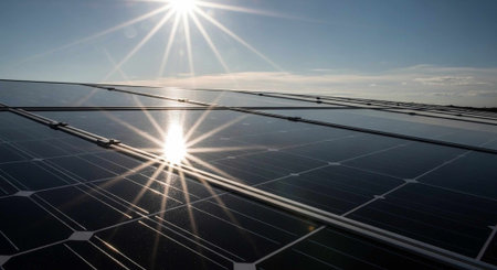 A solar panel array soaking up the sun's rays on a clear blue day