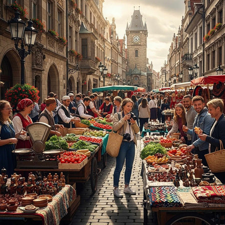 A bustling outdoor market scene with people shopping for fresh produce and local goods