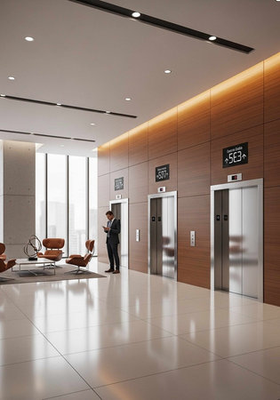 A man in a suit stands in a modern office lobby with elevators and a seating area