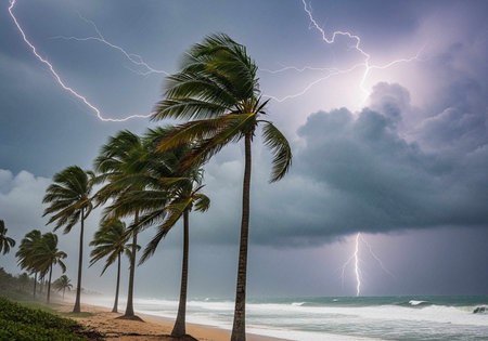 A dramatic beach scene with palm trees swaying in the wind under a stormy sky with lightning