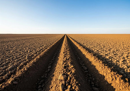 A vast plowed field stretches towards the horizon under a clear blue sky
