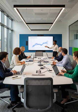A diverse group of business professionals engaged in a meeting with a presentation on a large screen