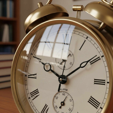 A close-up of a gold alarm clock sitting on a wooden desk in a room with a bookshelf