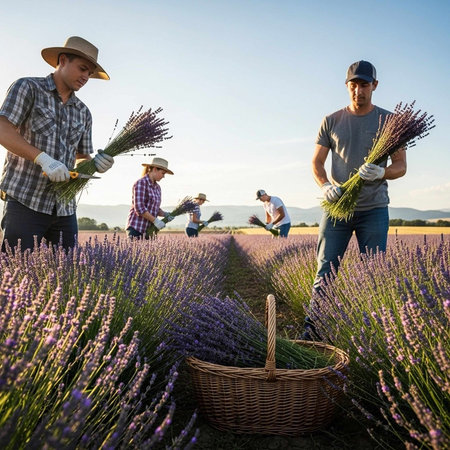 Men harvesting lavender in a field on a sunny dayの写真素材