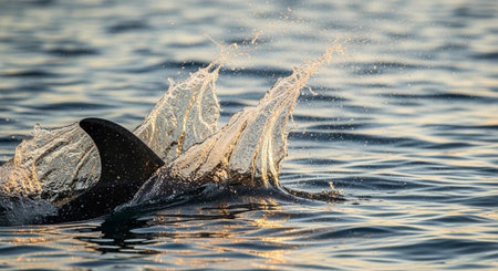 A whale tail splashes out of the ocean water in a beautiful display of natureの写真素材