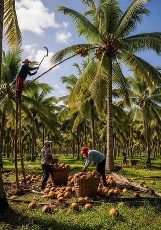 Workers harvesting coconuts in a lush tropical plantation on a sunny day