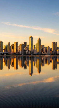 A serene city skyline reflected in calm water at sunset