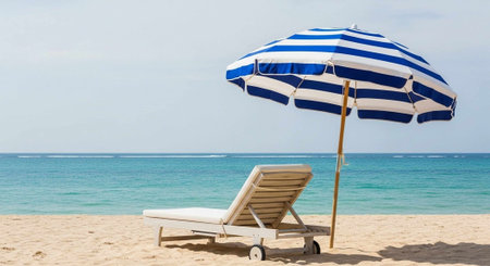 A serene beach scene with a lounge chair and umbrella by the ocean on a sunny day